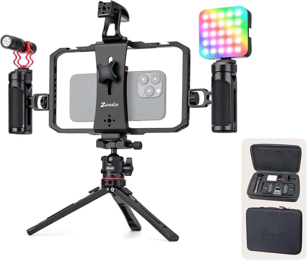 Zeadio All-in-One Phone Video Vlogging Kit, Versatile Video Cage with RGB Light, Mic, Arca Ball Head Tripod, Handheld Stabilizer for YouTube/TikTok/Live Streaming, Compatible with All Smartphones