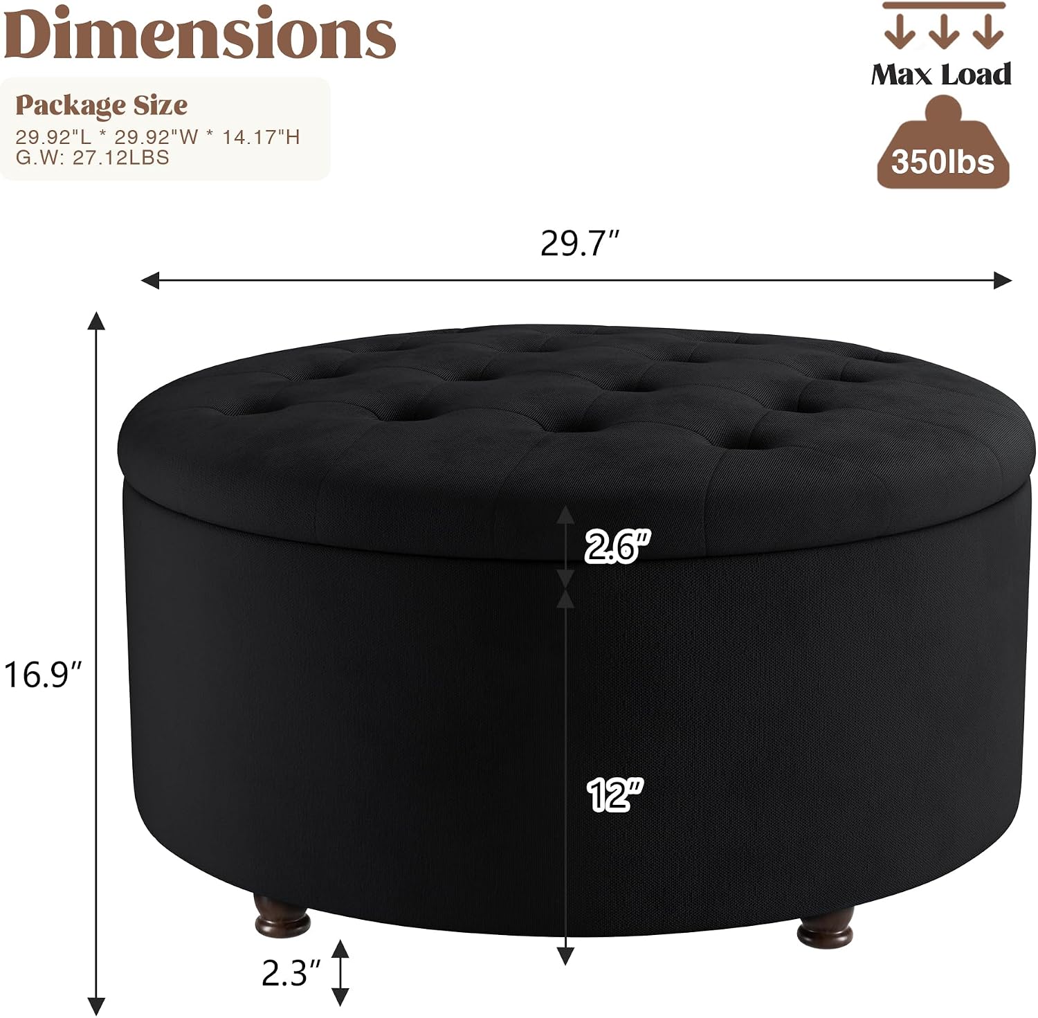 30 Inch Round Storage Ottoman,Modern Tufted Ottomans,Circular Coffee Table with Removable Top,Upholstered Large Ottoman with Storage Footrest Stool for Bedroom Living Room (Black)