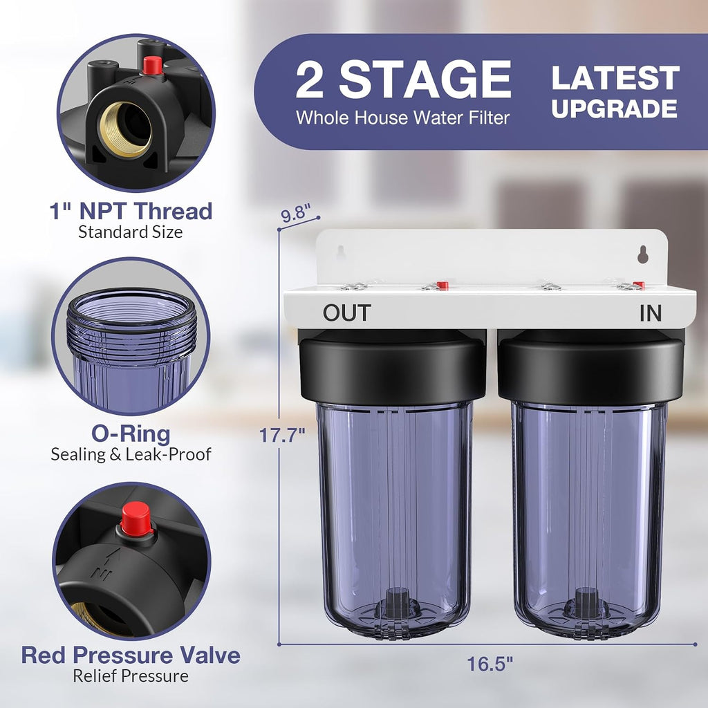 SimPure Whole House Water Filter System, 2 Stages Clear 10' x 4.5' Home Water Pre-Filtration with Carbon and Sediment Filters, Reduce Odor, Chlorine, Taste, Iron, 1' NPT Brass Port, BPA Free