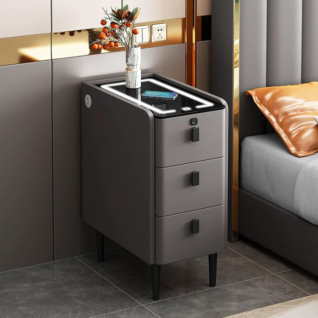 Narrow Nightstand, Smart Nightstand with Fingerprint Locks & Wireless Charging, Tempered Glass Tabletop for Valuables