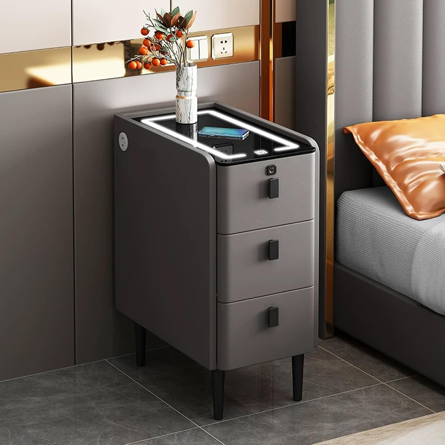 Narrow Nightstand, Smart Nightstand with Fingerprint Locks & Wireless Charging, Tempered Glass Tabletop for Valuables
