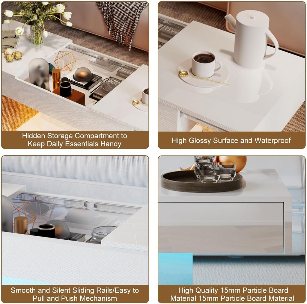 HedoAjim White LED Coffee Table with Storage for Living Room, Living Room Table Rectangular Center Table, Modern High Glossy Wooden Coffee Tables with 16 Colors LED Lights for Dining Reception Room