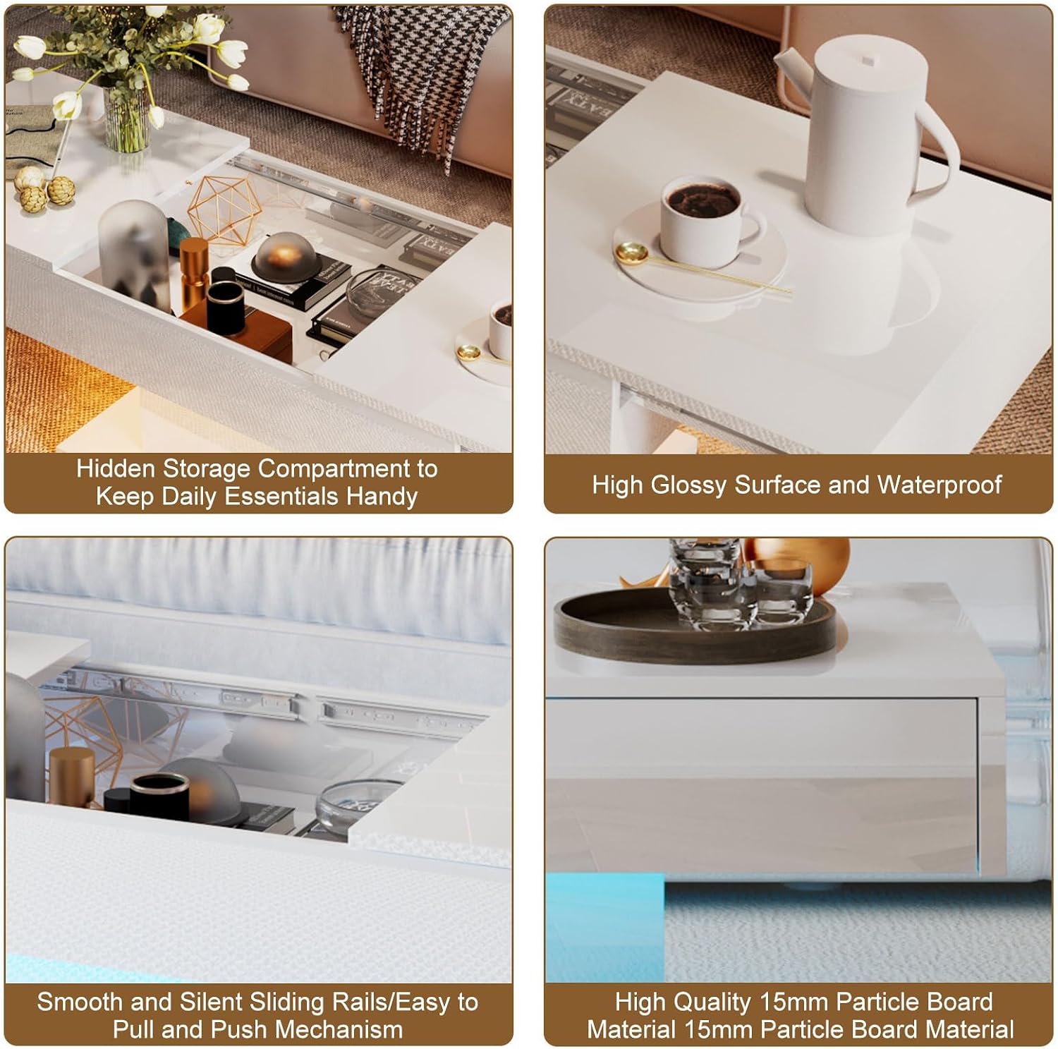 HedoAjim White LED Coffee Table with Storage for Living Room, Living Room Table Rectangular Center Table, Modern High Glossy Wooden Coffee Tables with 16 Colors LED Lights for Dining Reception Room