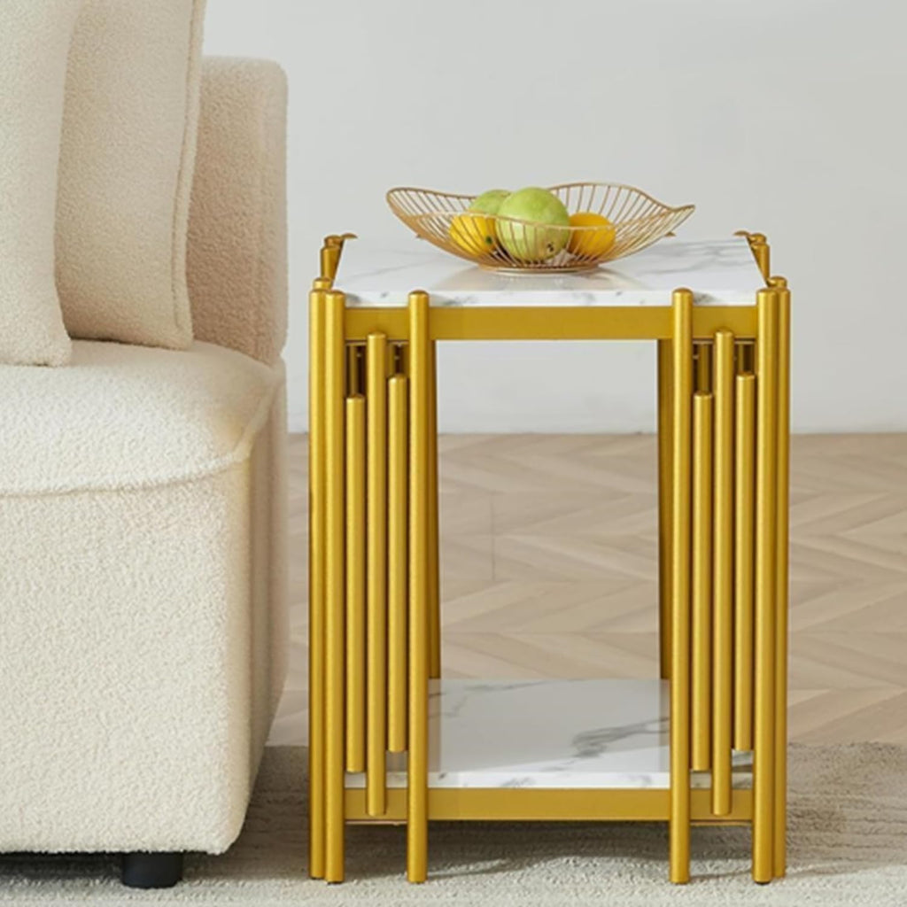 White Marble Coffee Table Set - 2 Piece Luxury Living Room Table Set with Faux Marble Top and Chrome Metal I-Base