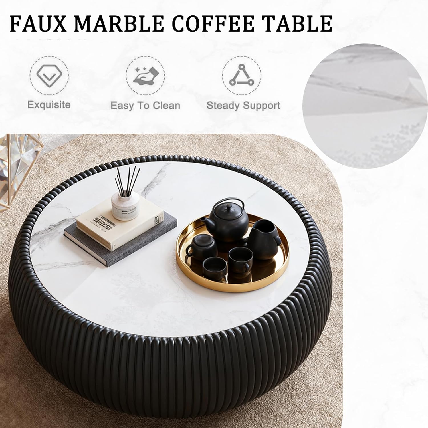 27.55' Round Marble Coffee Table,Modern Fluted Coffee Table with White Sintered Stone Top & Black PU Leather Covered, Modern Drum Coffee Cocktail Center Tables for Living Room,No Need Assembly