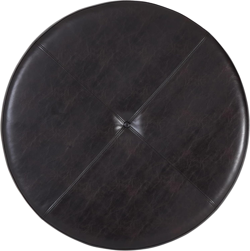 Christopher Knight Home Ladin Modern Round Ottoman Coffee Table, Faux Leather Cocktail Ottoman for Living Room Sofa, Entryway Comfortable Footstool, Wooden Ottoman Foot Rest, Dark Brown+Walnut