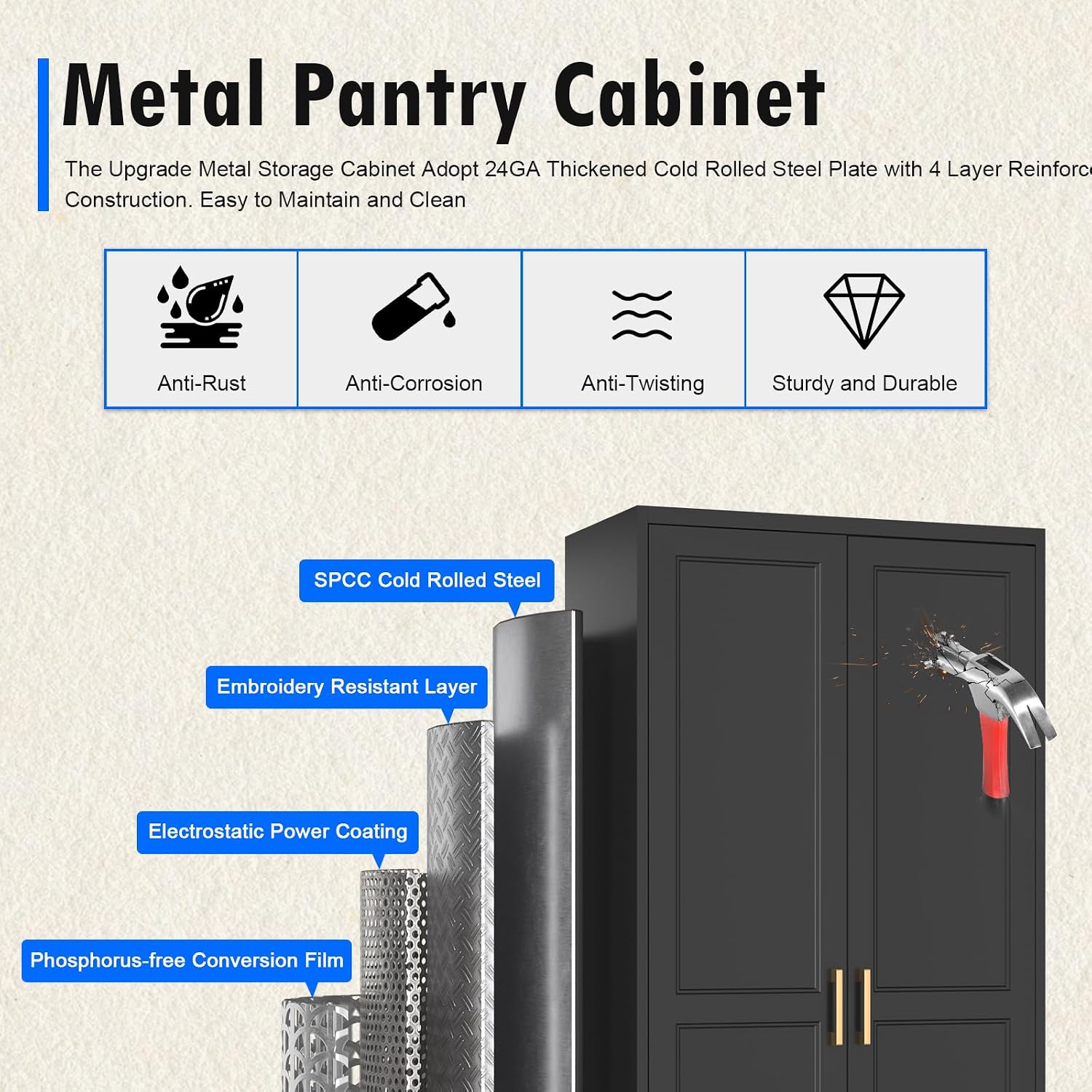 Polup Pantry Cabinet, 71 Inch Tall Kitchen Storage Cabinet, Metal Pantry Cabinet with Doors and Adjustable Shelves, Freestanding Heavy Duty Steel Utility Cupboard for Garage, Office, Laundry, Black