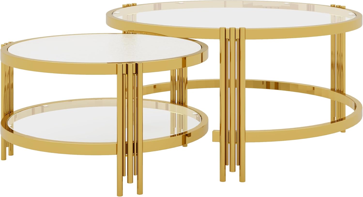 Merax 2-Piece Nesting Round Coffee Table Set, Gold Finish Metal Frame with Textured Tempered Glass Tops, Modern Stylish Accent & Side Table for Living Room, Bedroom, Apartment, Office, Transparent