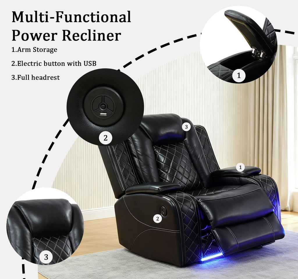 Power Leather Recliner Sofa with LED Lights, Power Single Reclining Chair, Single Leather Sofa Chair with Arm Storage for Living Room/Home Theater(Black,1 Seater)