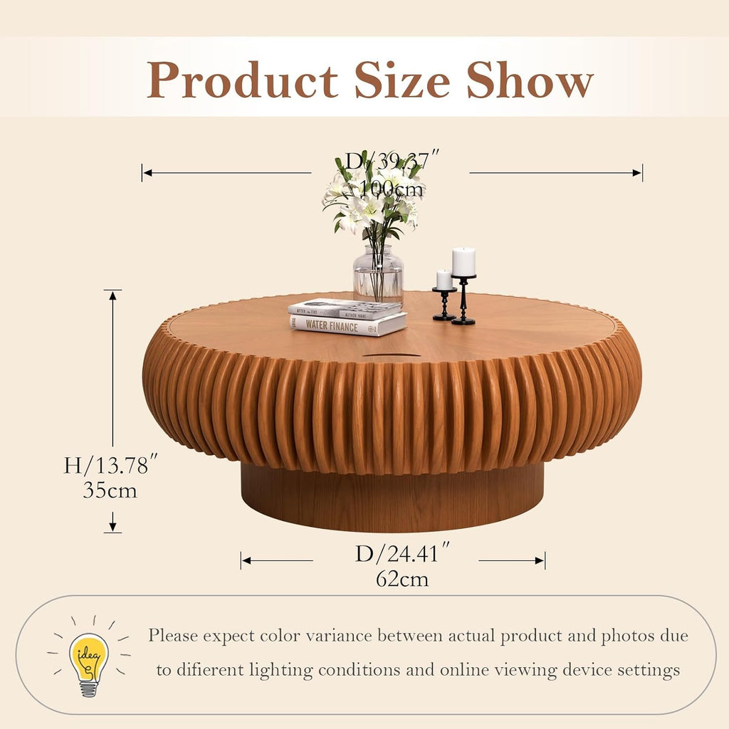 39.37' Round Fluted Coffee Table with Storage Unique Contemporary Wood Low Circle Drum Tea Tables - Sturdy Pedestal for Small Space (J Brown 39.37in)