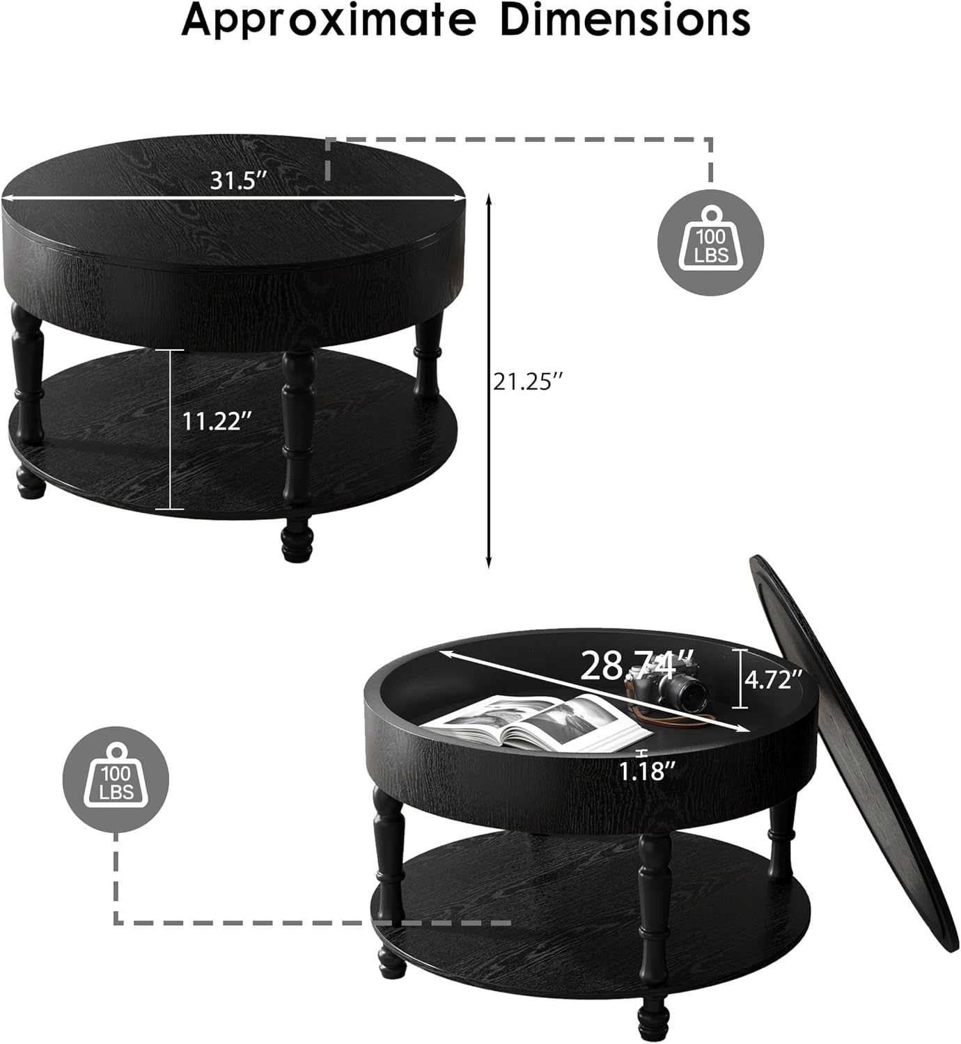 31.5'' Round Coffee Table with Storage Space, 2-Tier Modern Rustic Wood Circle Coffee Table for Living Room, Moveable Table Top & Easy Assembly, Black