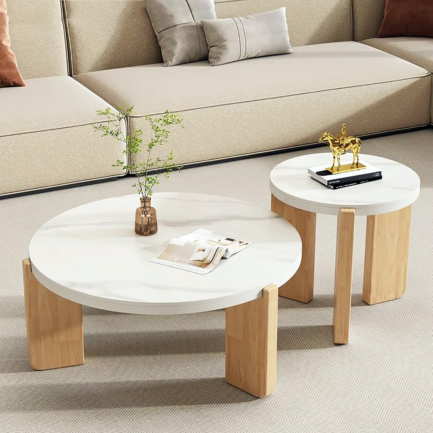 Round Nesting Coffee Table Set of 2,Solid Wood Coffee Table for Living Room,Modern Minimalist Coffee Table Center Table,Wooden Cream Table with 3 Round Legs table, 3344qtyy56