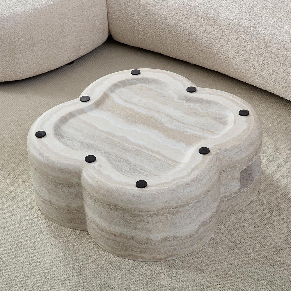 WILLIAMSPACE 31.5' Faux Marble Coffee Table with Four‑Leaf Clover-Shaped, Modern Mars-Pattern Fiberglass Faux Stone Center Table Accent Tea Table for Living Room, No Assembly (Beige)