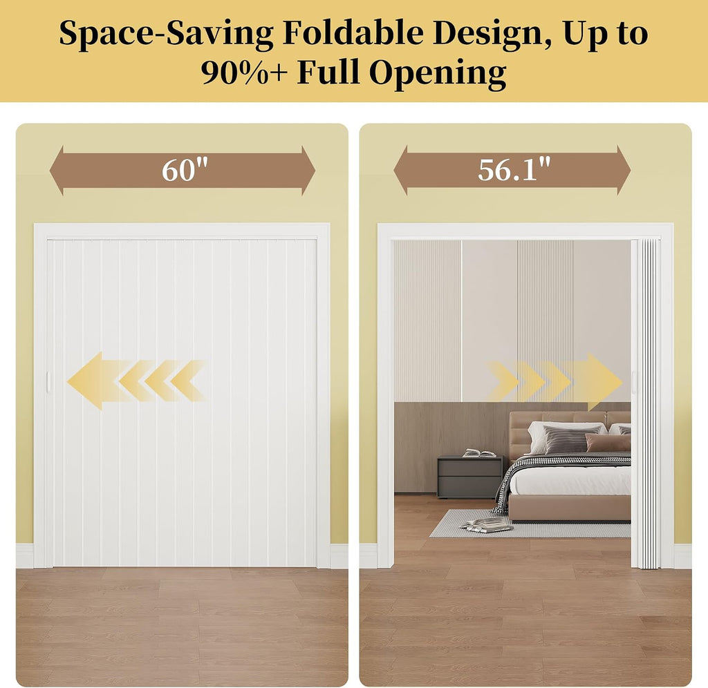 60' x 80' Enhanced Accordion Doors White PVC Folding Door Hardware Kit Included, Multifold Bifold Closet Doors with 2 Handles for Doorway Closet Basement Bathroom RV Camper, White - Single Layer