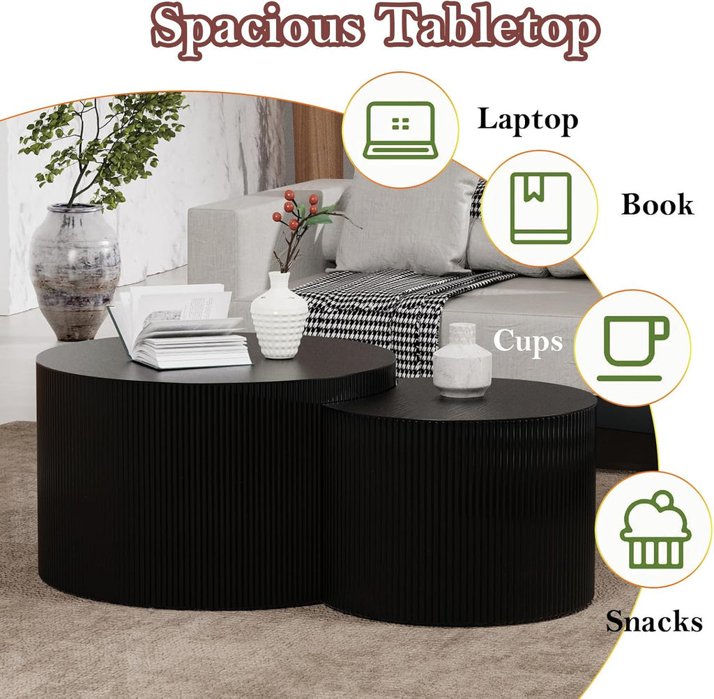 Nesting Coffee Table with Non-Slip Mat Vertical Stripe Design Round Fluted Side Table Set of 2 - No Assembly Required for Living Room Bedroom Balcony Yard (I-27.6+19.7in)