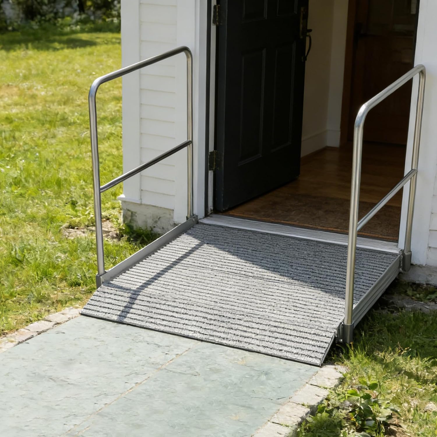 Aluminum Wheelchair Ramp with Handrails, Adjustable Height 3.4' to 7.2' & 880 lbs Capacity, Non-Slip Portable Threshold Ramp for Doorways, Steps, Curbs, Scooters and Walkers