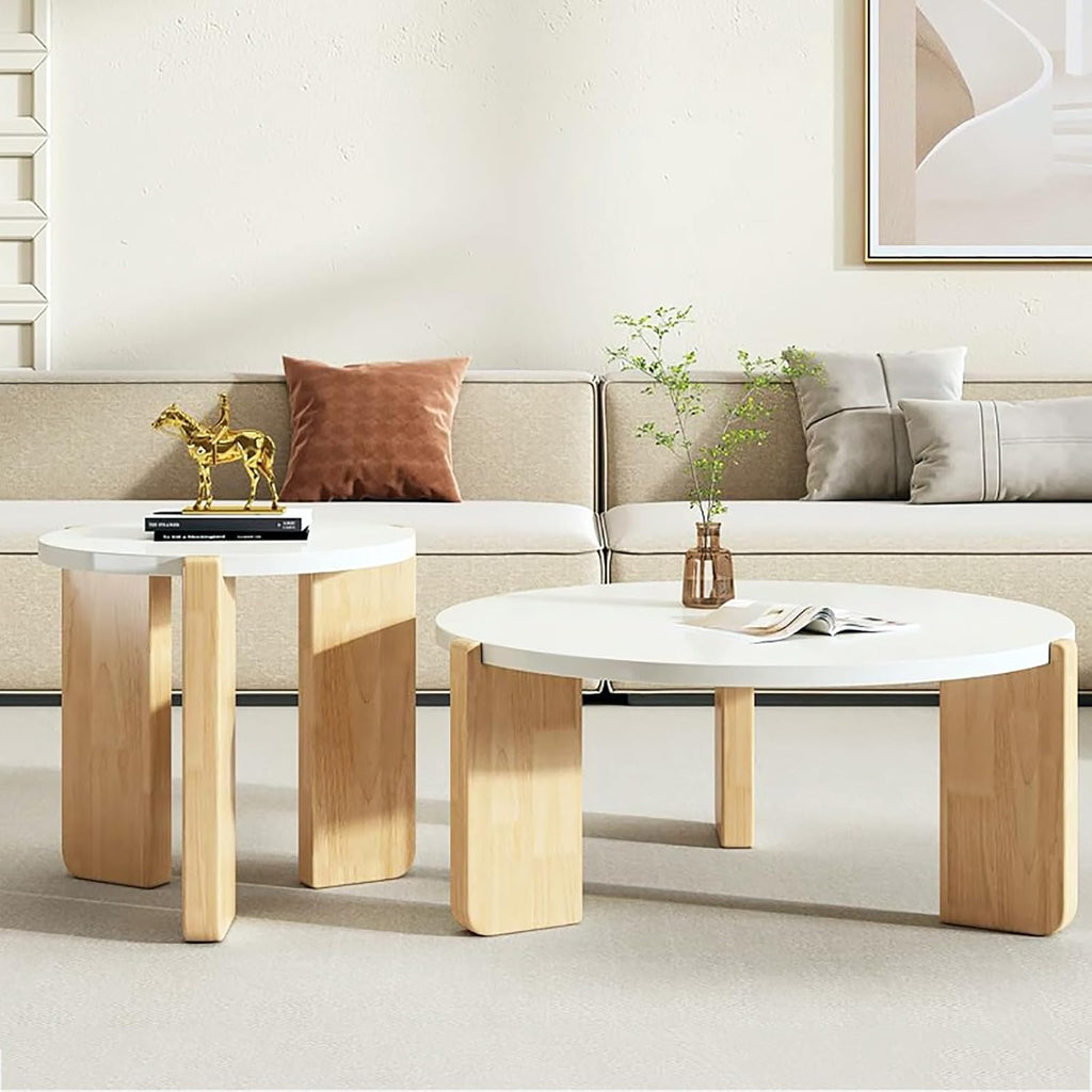 Round Nesting Coffee Table Set of 2,Solid Wood Coffee Table for Living Room,Modern Minimalist Coffee Table Center Table,Wooden Cream Table with 3 Round Legs table, 3344qtyy56