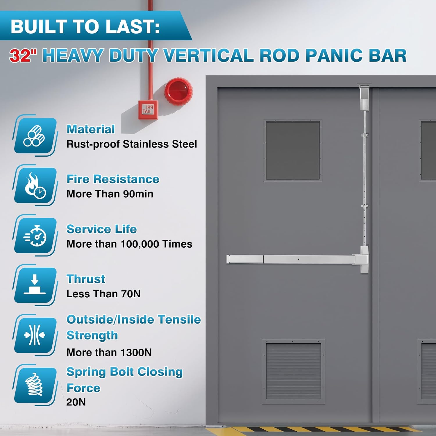 IRONWALLS Surface Vertical Rod Exit Device, 32in Commercial Door Push Bar Panic Device with Single Point Top Latching, Stainless Steel Emergency Exit Panic Bar for 32'-48' (W), 6.7ft-8.1ft (H) Doors