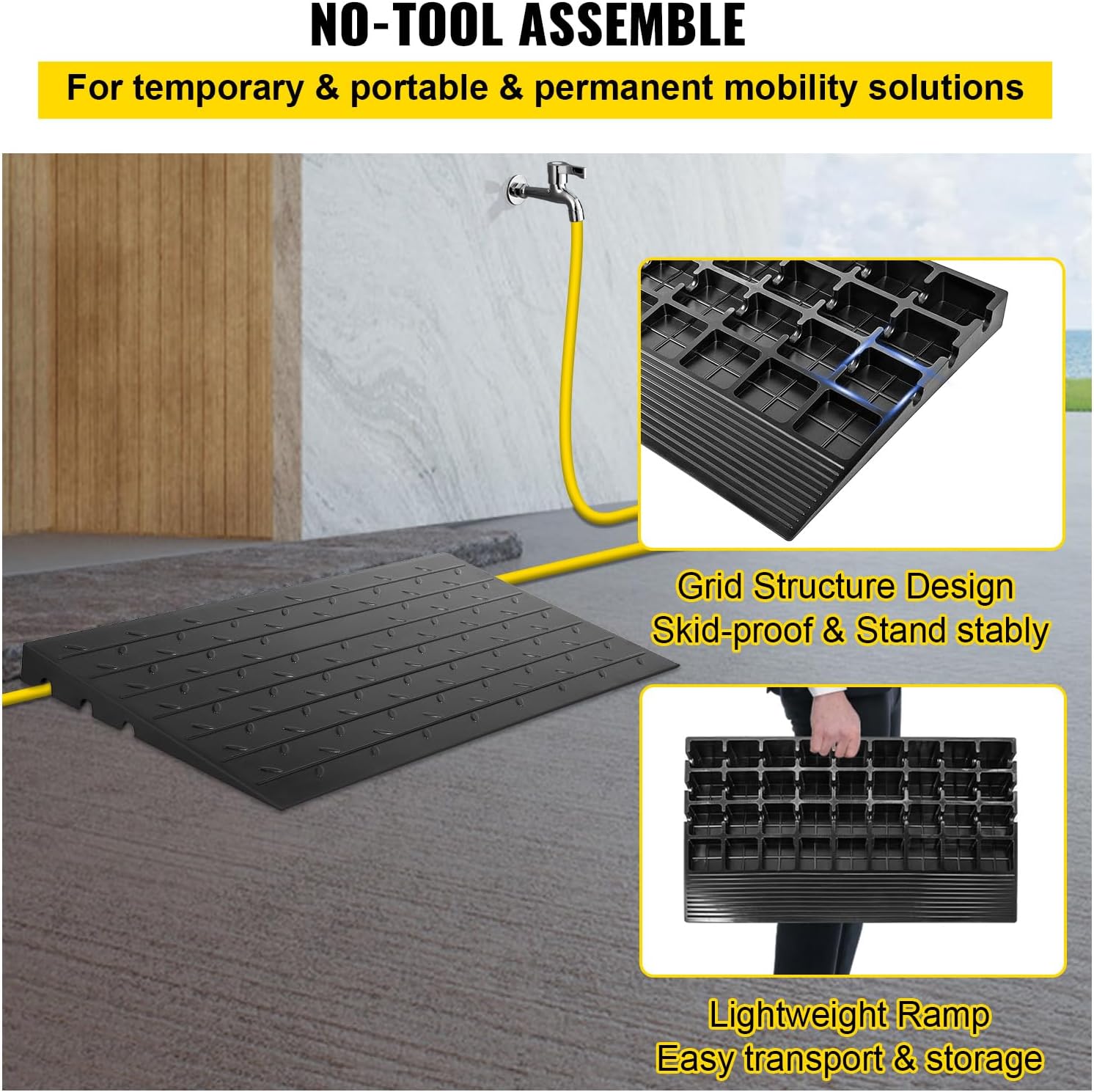 Happybuy Rubber Threshold Ramp, 2.6' Rise, Doorway Ramp with 3 Channels Cord Cover, Solid Rubber Angled Entry Ramp, 2202 lbs Load Capacity for Wheelchairs and Scooters