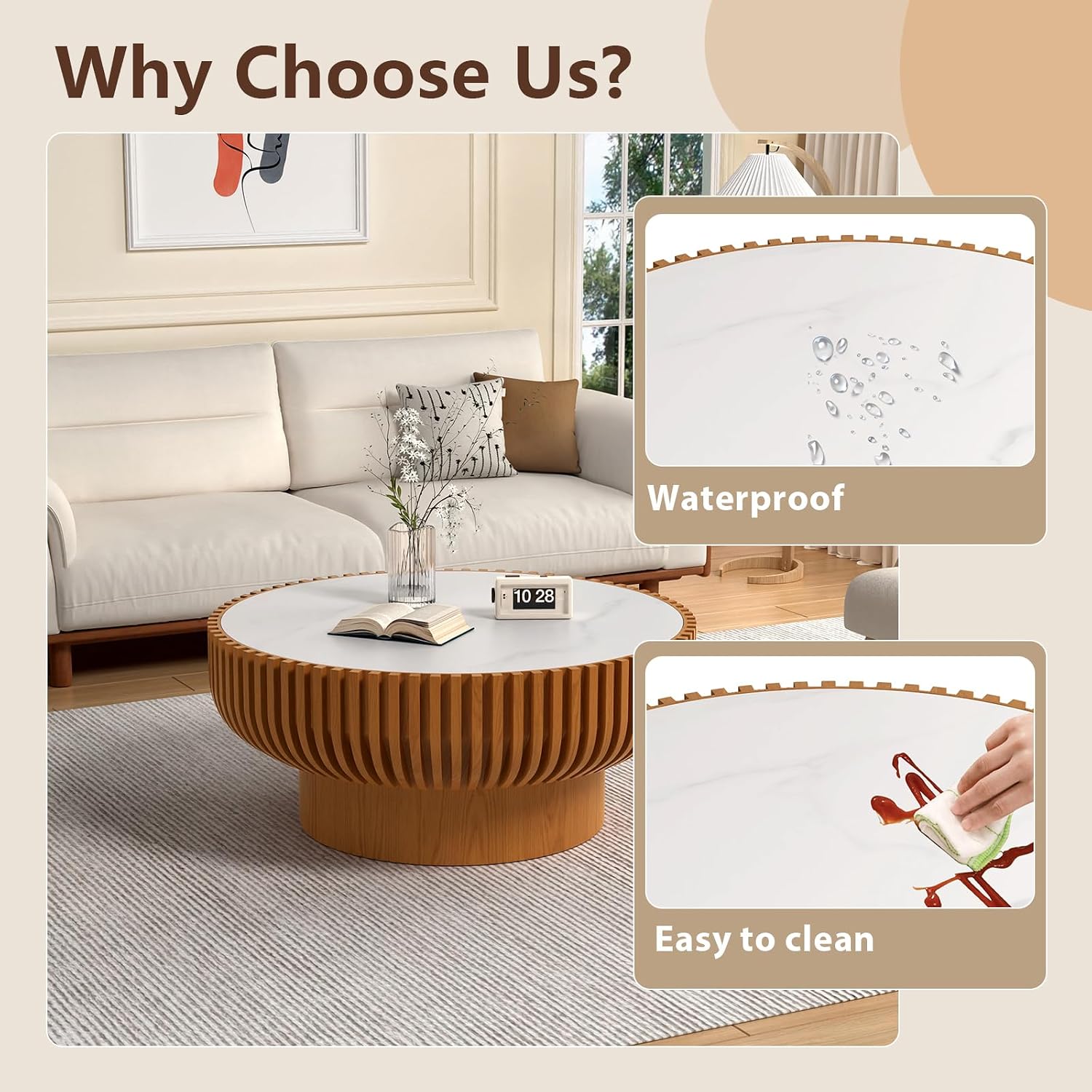 Round Drum Coffee Table White Fluted Coffee Table Circle Center Table Pedestal End Table for Apartment (31.5 in White Desktop)