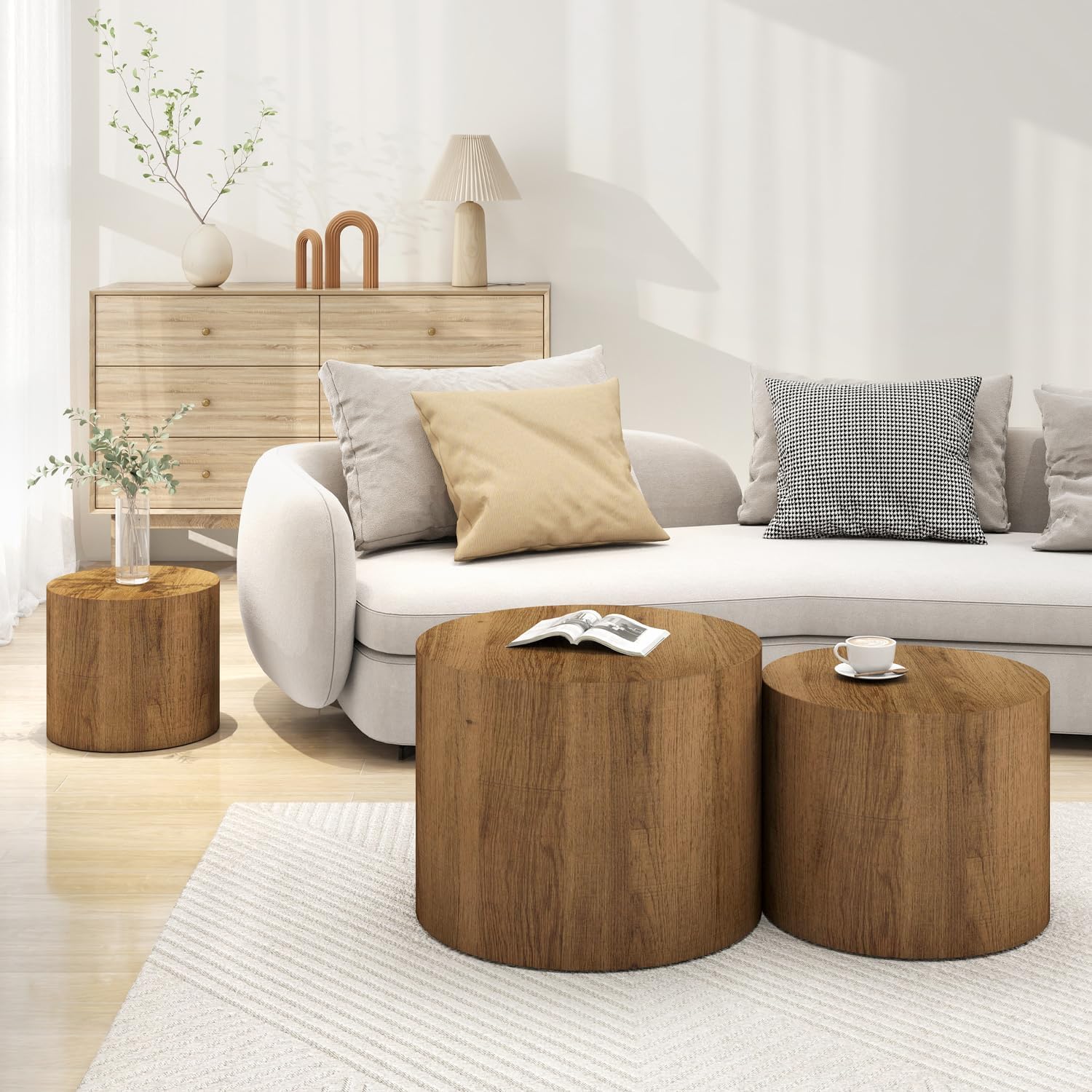 Vikiullf Nesting Coffee Table Set of 3, Round Wooden Coffee Tables, Modern Circle Table for Living Room, Bedroom, Accent Side Table, Saving Space Design and No Need Assembly