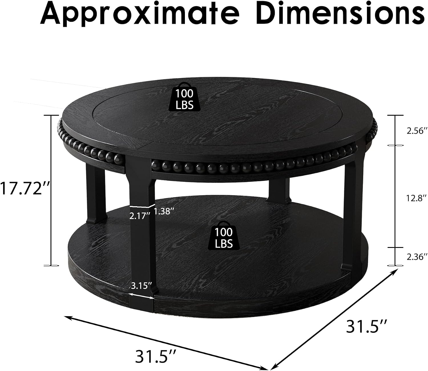 31.5'' Round Coffee Table, 2-Tier Modern Rustic Wood Circle Coffee Table for Living Room, Easy Assembly, Black