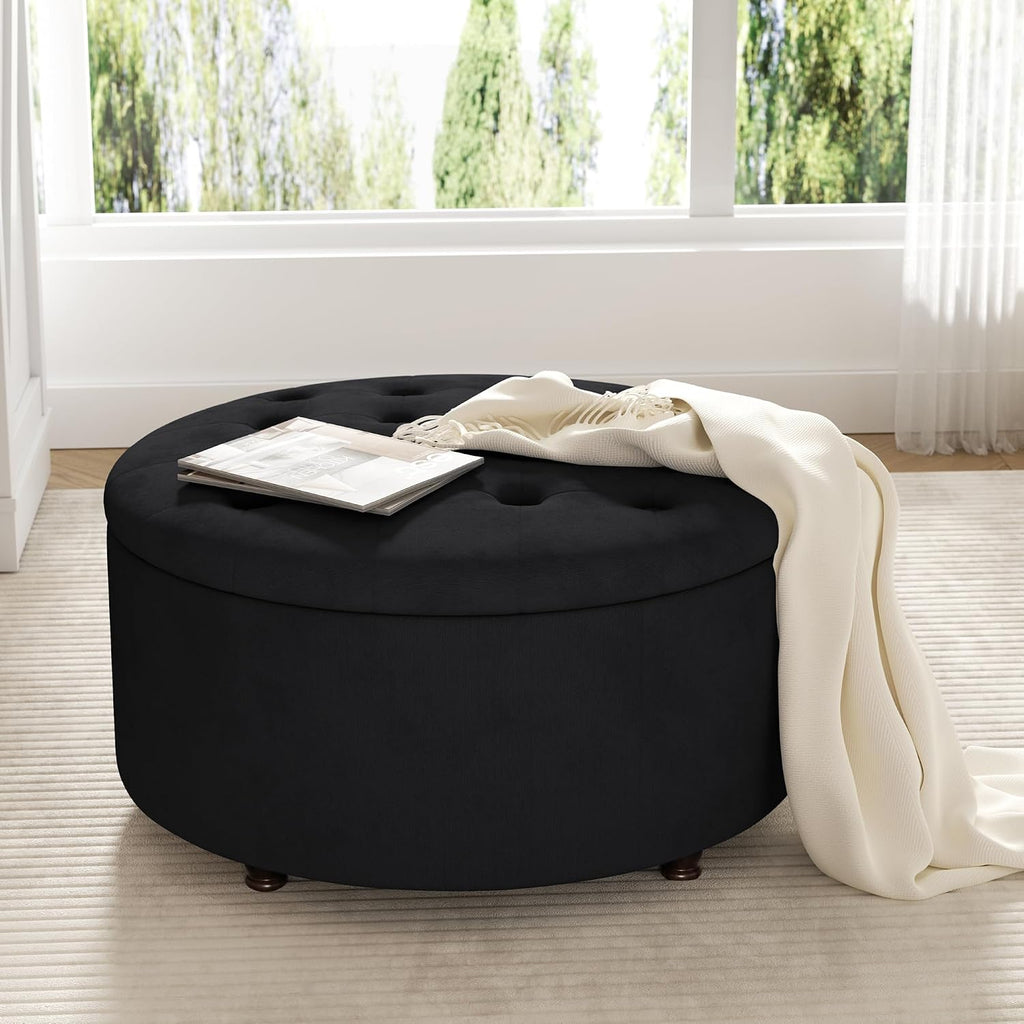 30 Inch Round Storage Ottoman,Modern Tufted Ottomans,Circular Coffee Table with Removable Top,Upholstered Large Ottoman with Storage Footrest Stool for Bedroom Living Room (Black)