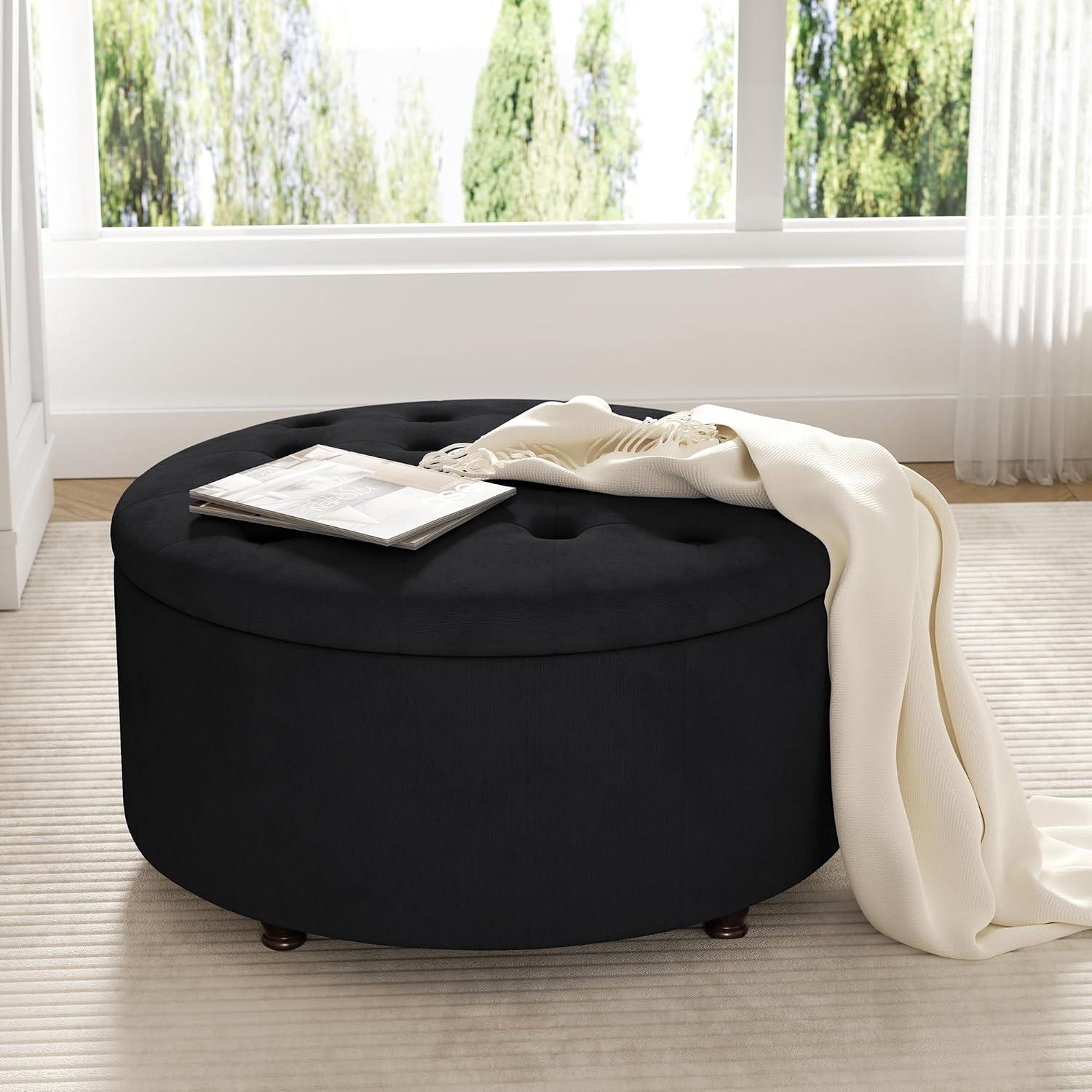 30 Inch Round Storage Ottoman,Modern Tufted Ottomans,Circular Coffee Table with Removable Top,Upholstered Large Ottoman with Storage Footrest Stool for Bedroom Living Room (Black)