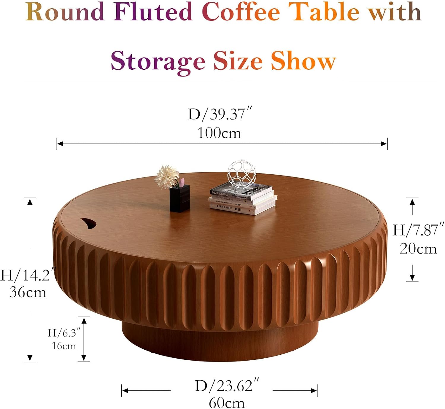39.37' Drum Storage Coffee Table - Handcraft Solid Wood Edge Stripe Modern Chic Fluted Tea Table with with Storage for Small Space Apartment (D 39.37in)