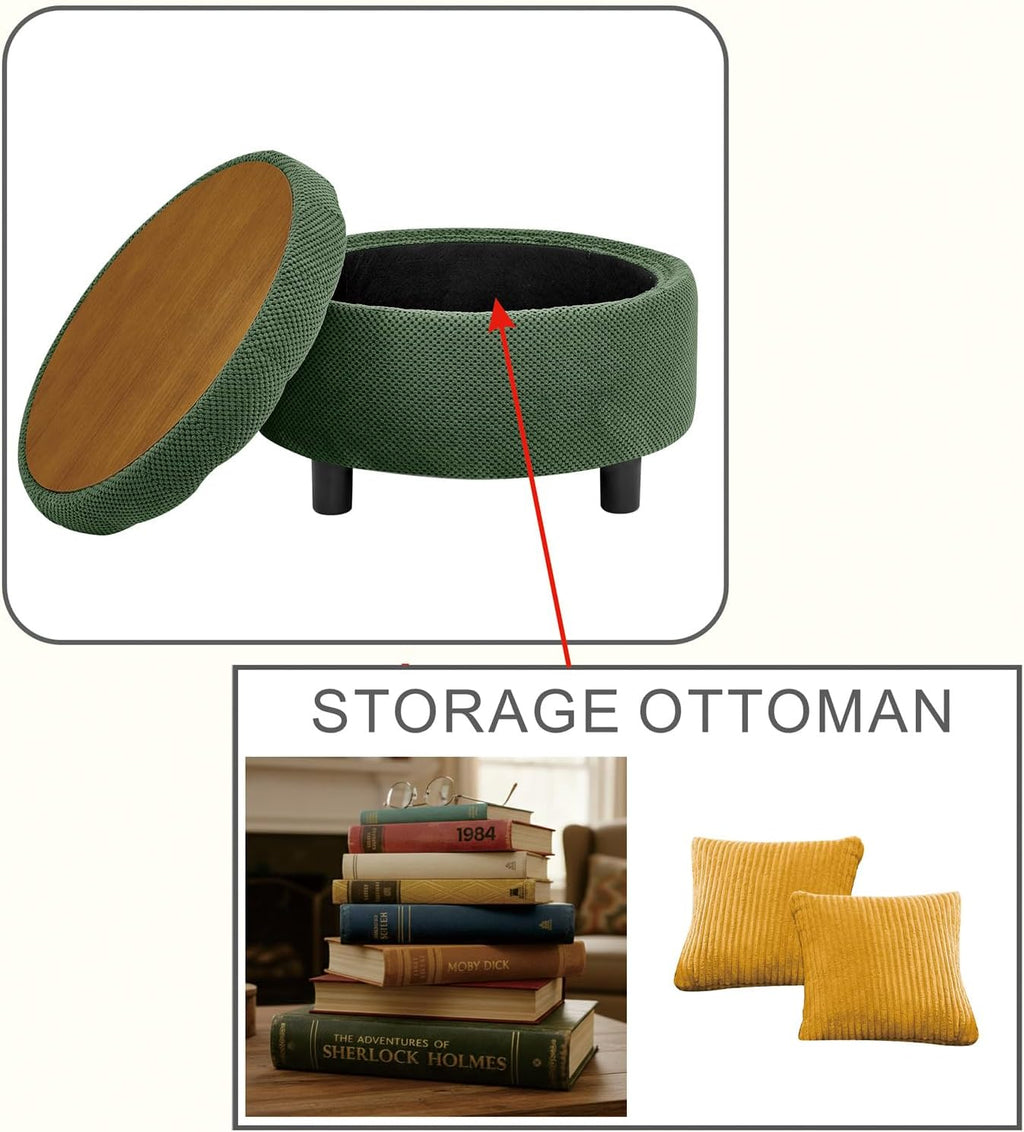 Round Storage Ottoman with Reversible Tray Lid, 25' Upholstered Button Tufted Coffee Table with Storage Foot Rest Stool for Living Room, Bedroom, Entryway, Green