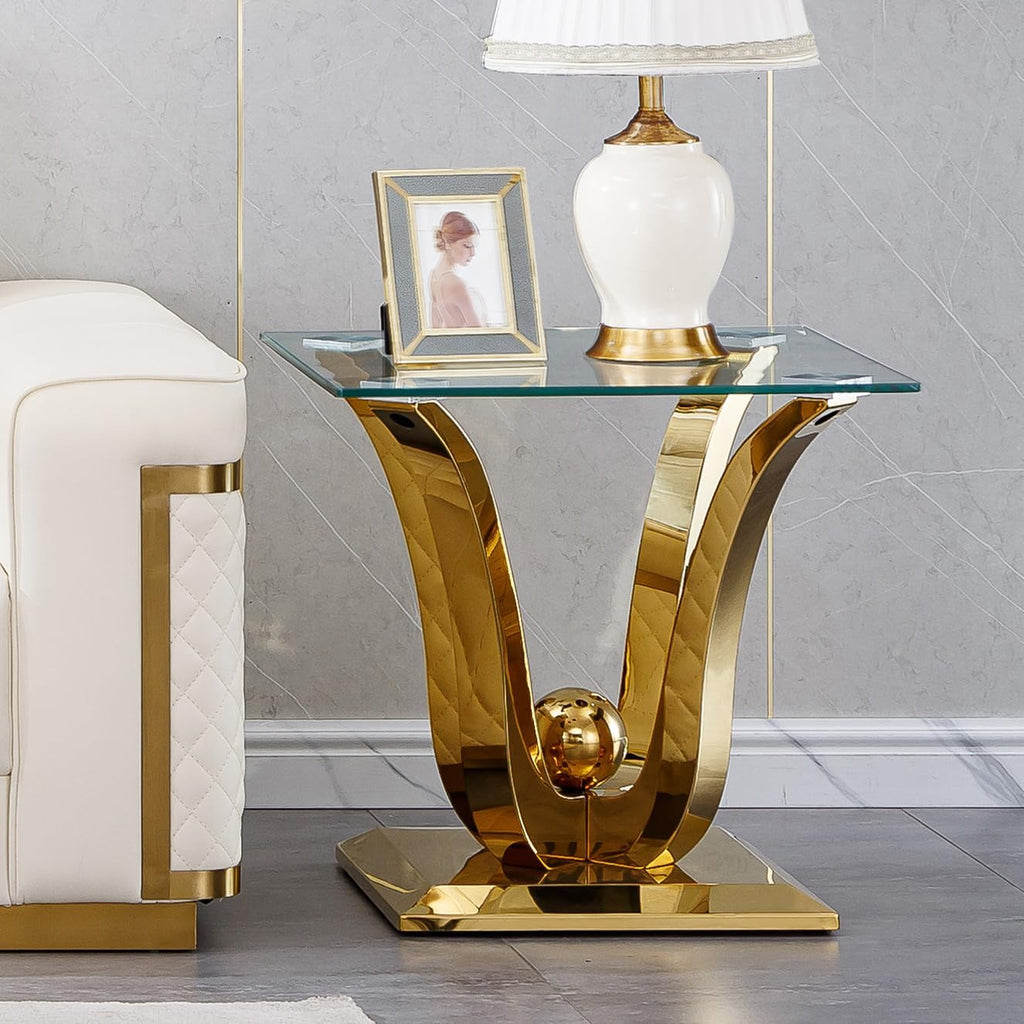 Modern Gold Glass End Table, Sqaure Sofa Side Table with Tempered Glass Top & Gold Stainless Steel Frame, Luxury Glass Accent End Table Bedside Table Nightstand for Living Room Bedroom