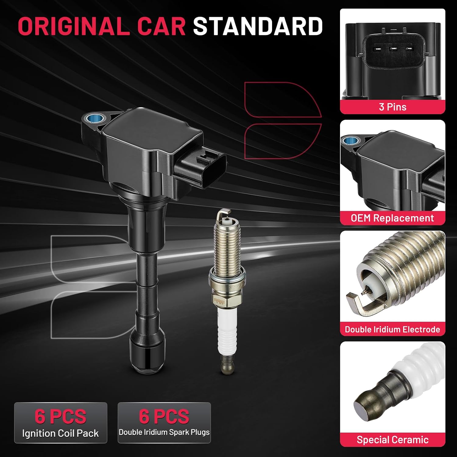 BDFHYK Ignition Coil Pack UF617 and Iridium Spark Plugs 90174 Compatible with Nissan 370Z 09-20 INFINITI FX37 G37 M37 Q40 Q50 Q60 Q70 QX70 3.7L 5.6L V6 Nissan Oem Coil Pack Coil for INFINITI Set of 6