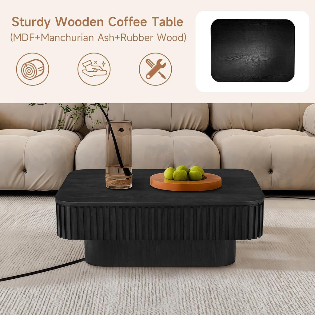 Lift Top Coffee Table for Living Room, Fluted Coffee Tables with Storage, Solid Wood Veneered Modern Accent Tea Center Table for Small Space Apartment (Black-38.6''D×26.8''H)
