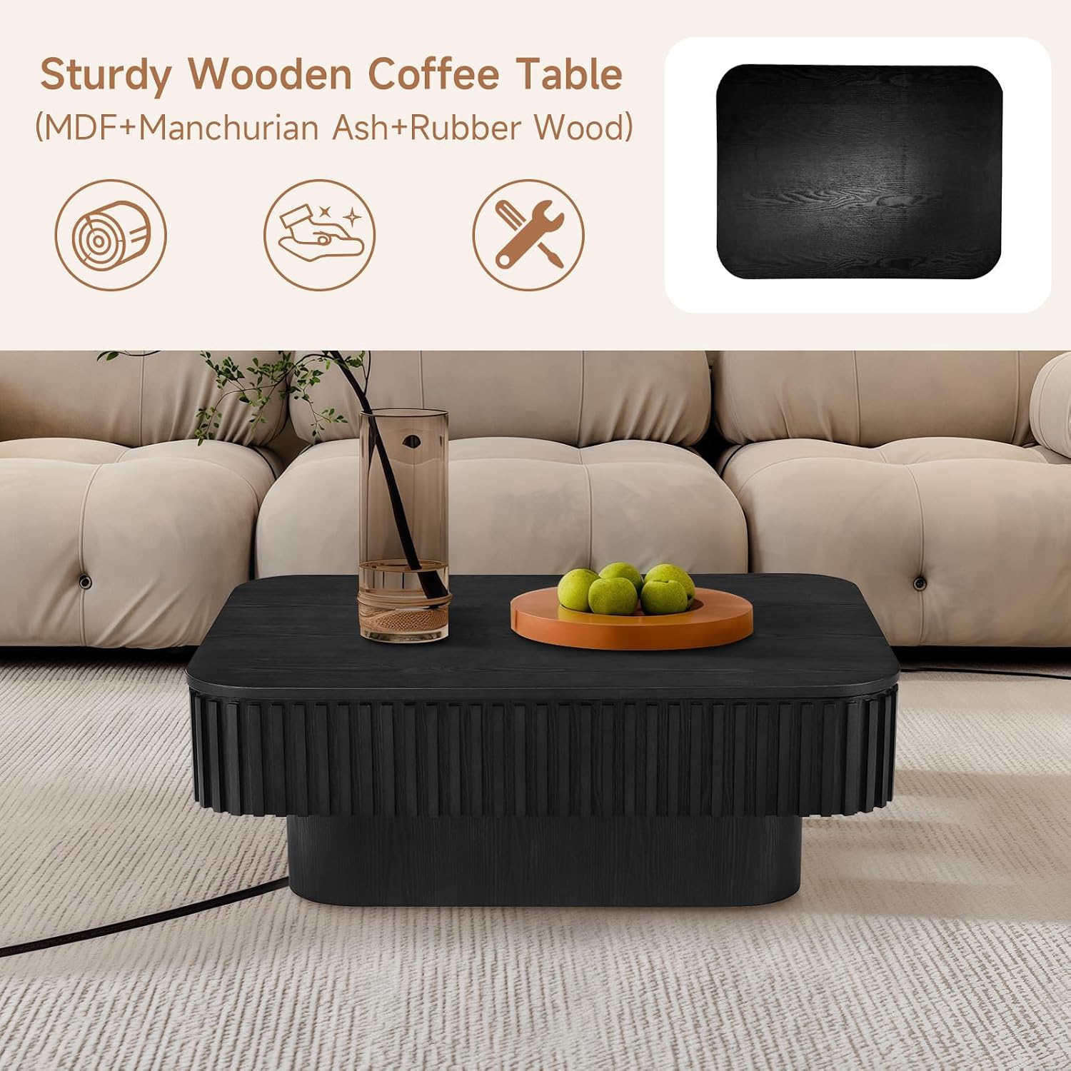 Lift Top Coffee Table for Living Room, Fluted Coffee Tables with Storage, Solid Wood Veneered Modern Accent Tea Center Table for Small Space Apartment (Black-38.6''D×26.8''H)