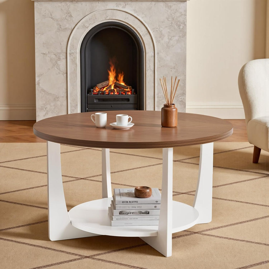 BECHAEO 31.5'' Round Coffee Table with Solid Wood Pine Legs, 2-Tier Rustic Coffee Table with Storage Shelf, Small Modern Wood Circle Center Table for Living Room