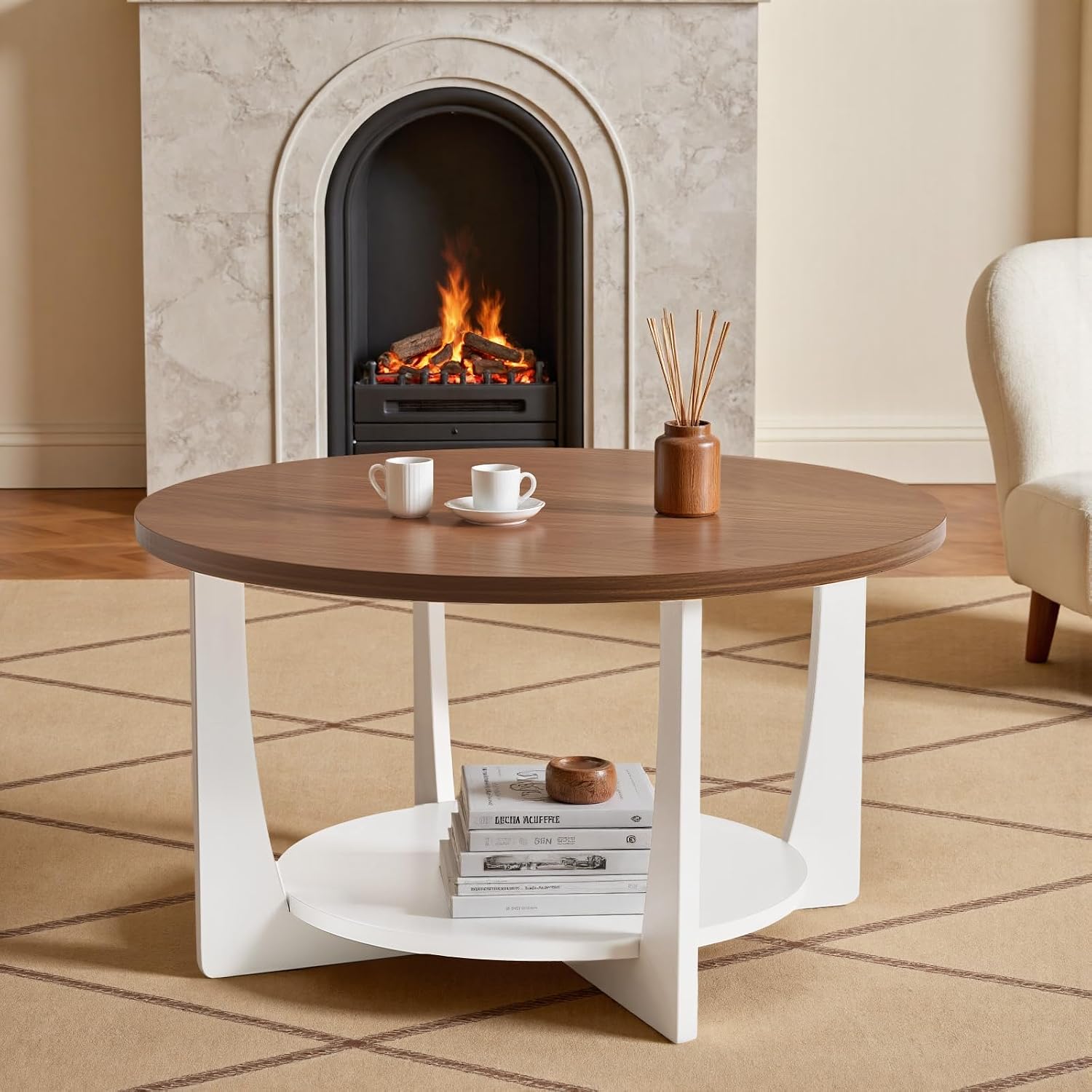 BECHAEO 31.5'' Round Coffee Table with Solid Wood Pine Legs, 2-Tier Rustic Coffee Table with Storage Shelf, Small Modern Wood Circle Center Table for Living Room