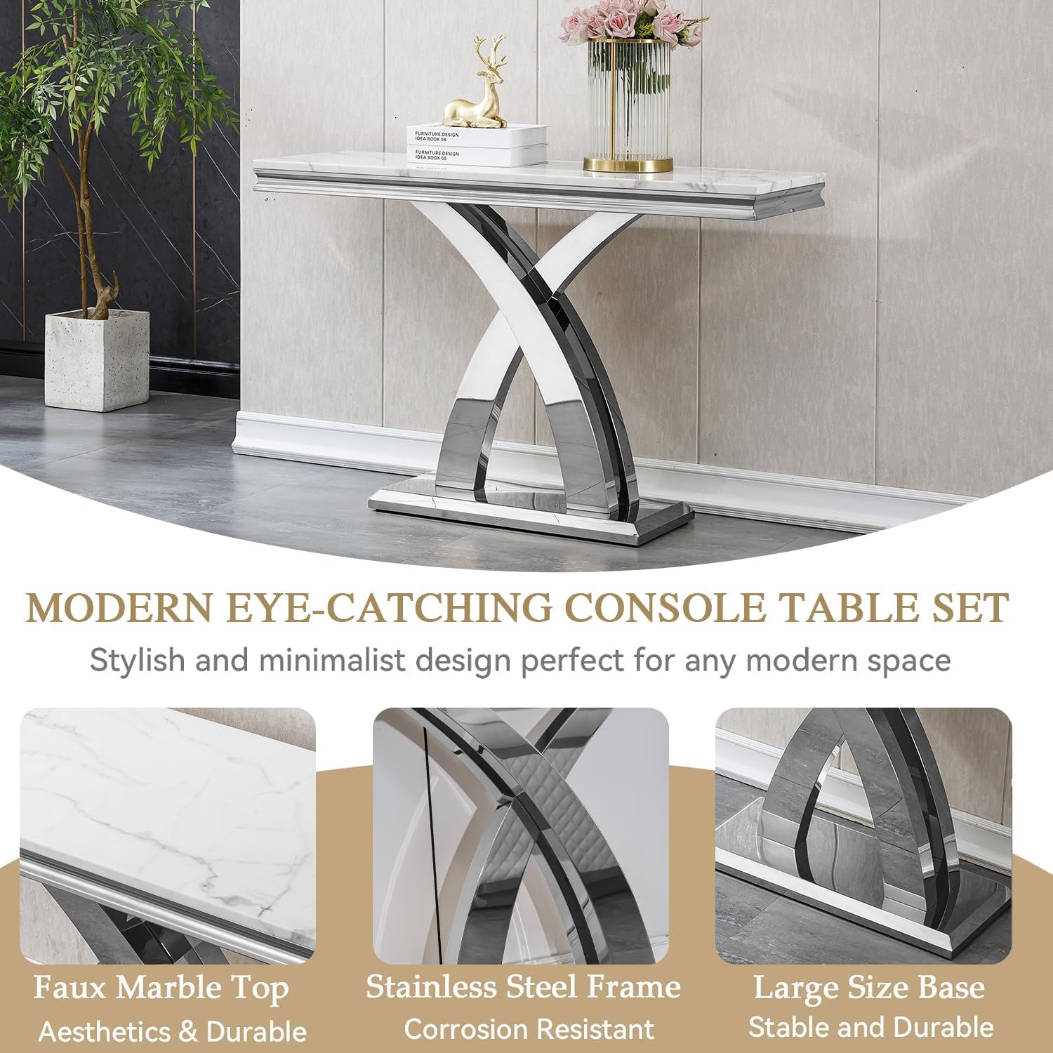 Modern White Silver Console Table, 47' Faux Marble Entryway Table Narrow Long Sofa Table, Luxury Accent Table Rectangle Behind Sofa Entrance Table Foyer Hallway Table for Living Room