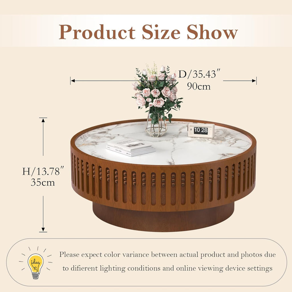 35.43' Round Fluted Coffee Table - Chic Handcraft Fluted Design Unique Contemporary Wood Low Circle Drum Tea Tables with Spacious Rock Slab Tabletop for Small Space (G 35.4in)
