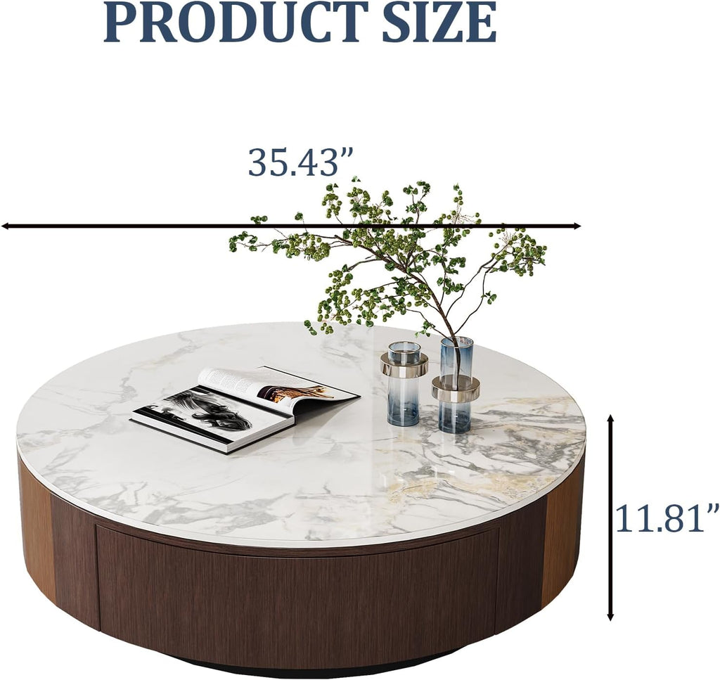 35.43' Modern Coffee Table for Living Room, Round Coffee Table with Storage Drawer, Sintered Stone Top with Metal Base, NO Assembly Living Room Table Tea Table for Home Office