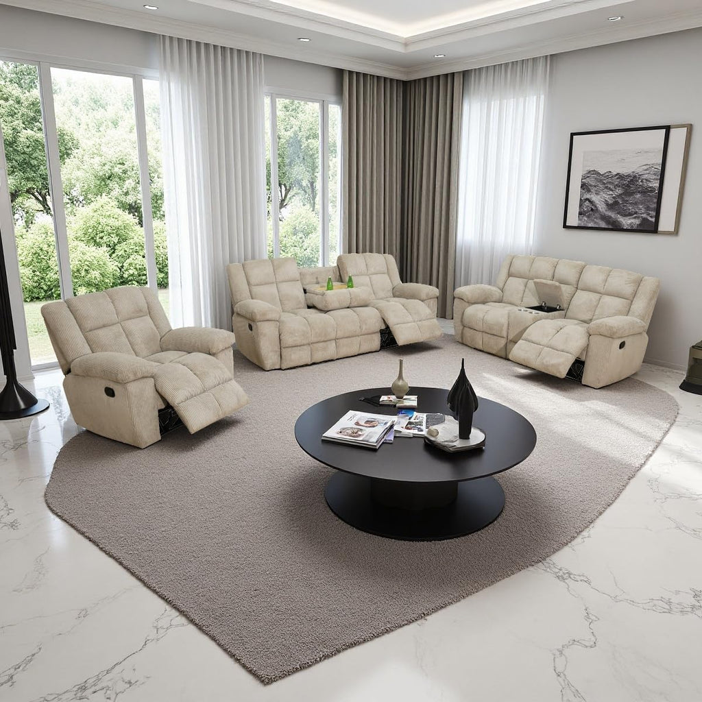 Corduroy Recliner Sofa Set with Cup Holder, 3 Pieces Living Room Furniture Sets, Manual Corduroy Sofa Set with Storage, Modern Reclining Couches for Living Room/Office