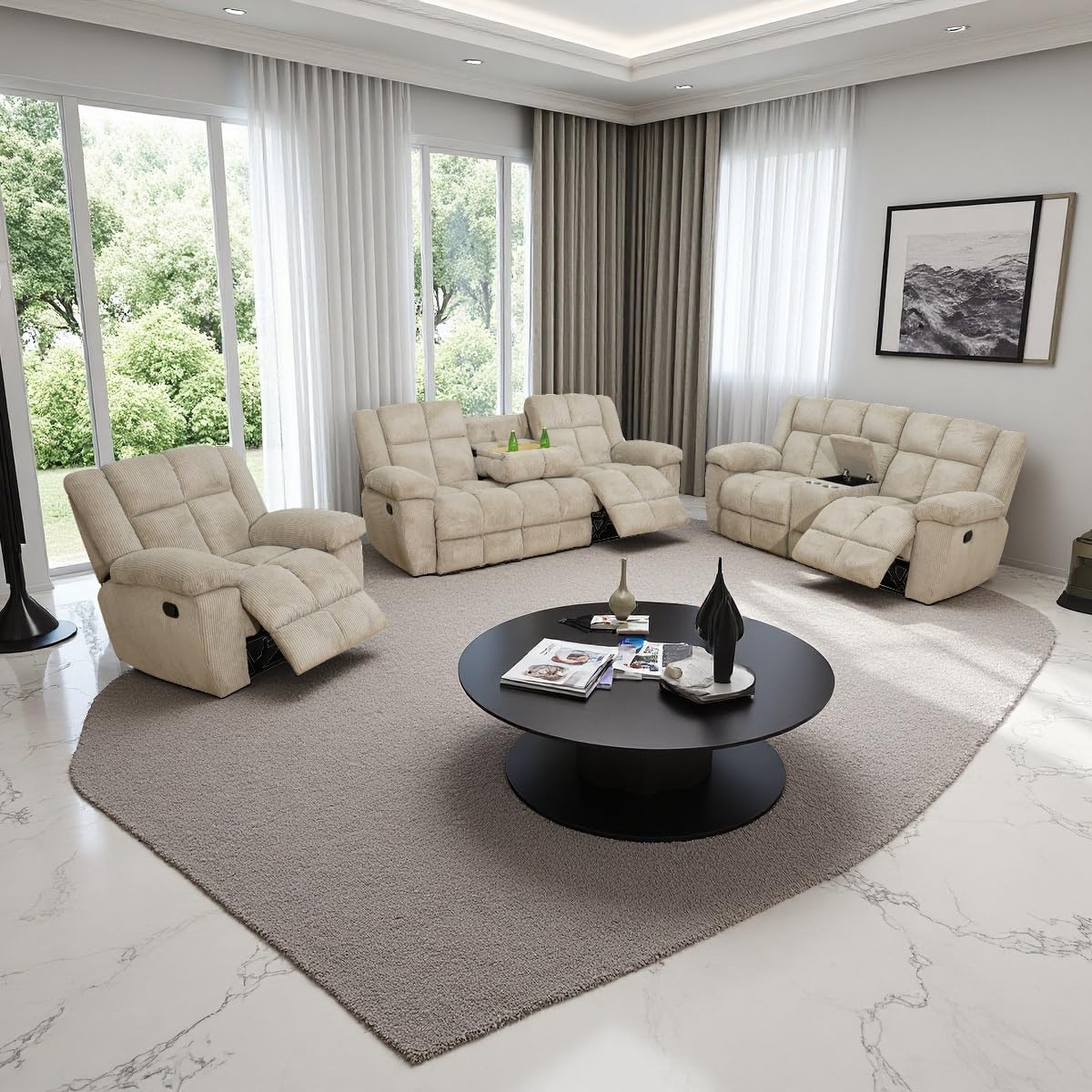 Corduroy Recliner Sofa Set with Cup Holder, 3 Pieces Living Room Furniture Sets, Manual Corduroy Sofa Set with Storage, Modern Reclining Couches for Living Room/Office