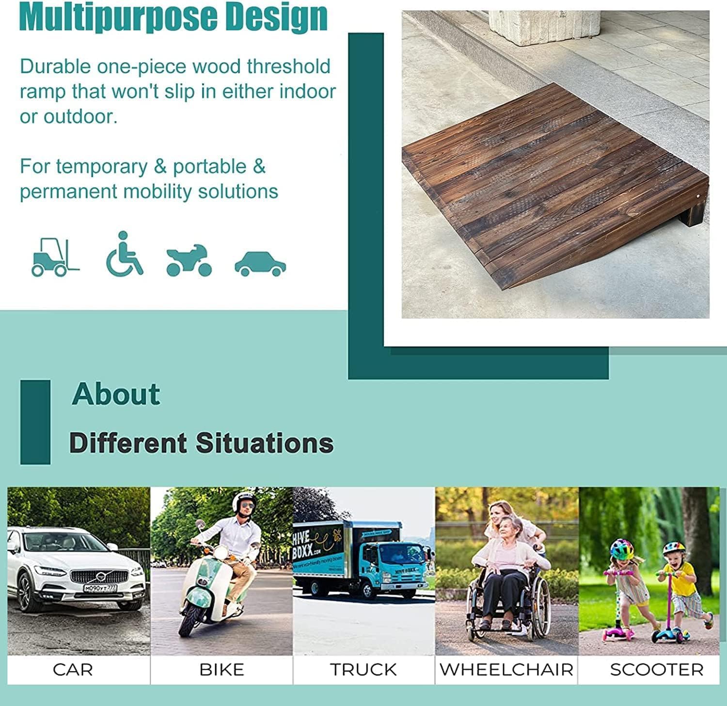 Threshold Ramp Wheelchair Ramp Solid Wood Threshold Ramp Entrance Transition Scooter Ramp for Doorway Home Roadside Slope Non-Slip Kerb Ramps Anti-Slip (Size : 90x70x20cm)