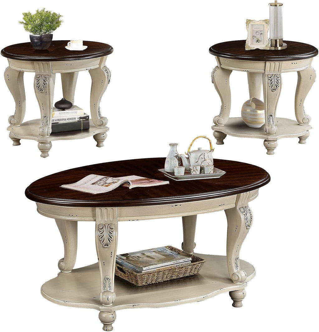 LKTART Oval Coffee Tables Set of 3, Vintage Wood Coffee Table with Carved Wood Legs, Antique Living Room Table Set(Beige and Espresso Top)