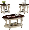 LKTART Oval Coffee Tables Set of 3, Vintage Wood Coffee Table with Carved Wood Legs, Antique Living Room Table Set(Beige and Espresso Top)