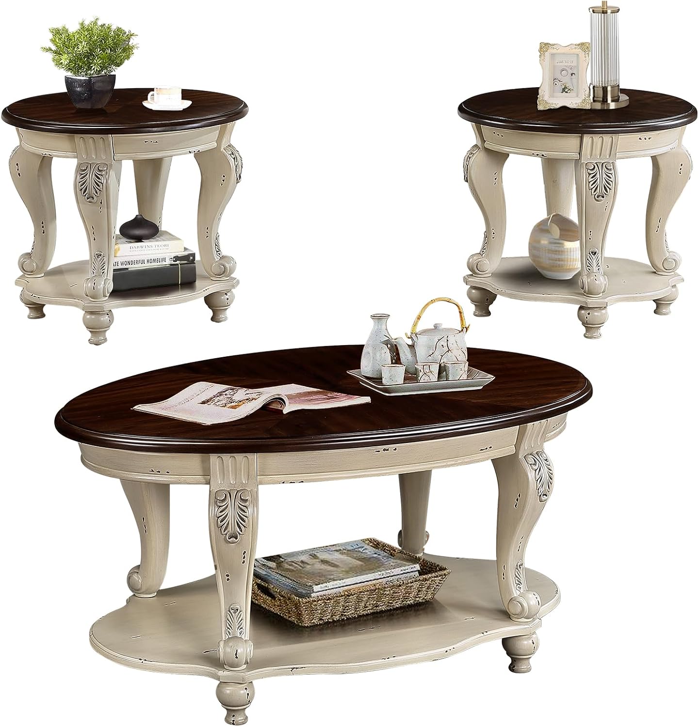 LKTART Oval Coffee Tables Set of 3, Vintage Wood Coffee Table with Carved Wood Legs, Antique Living Room Table Set(Beige and Espresso Top)