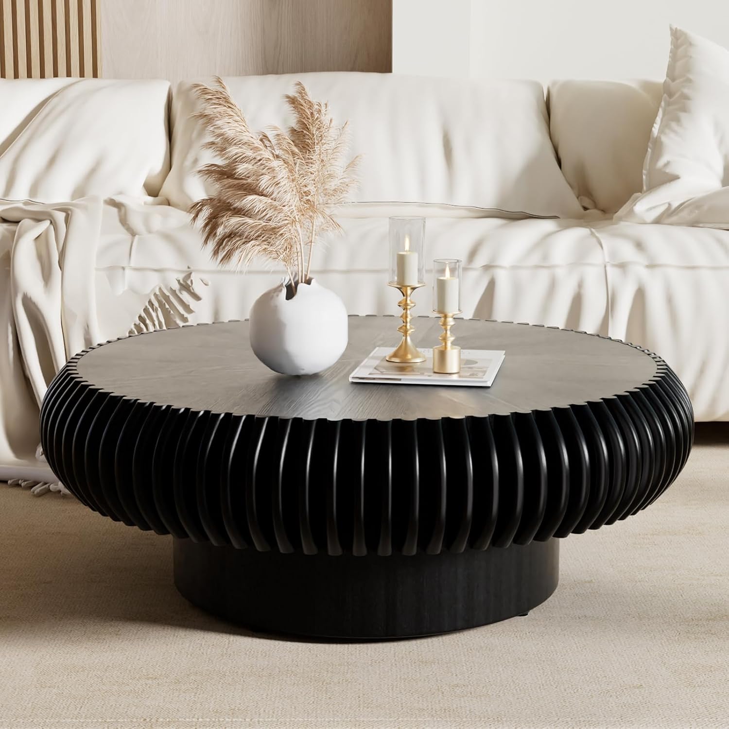 JHKZUDG Round Fluted Coffee Table 39.4'' Wood Drum Coffee Tables Contemporary Circle Accent Center Table Mid Century Side Table for Living Room, Small Space, Apartment (Black, 39.4' Coffee Table)