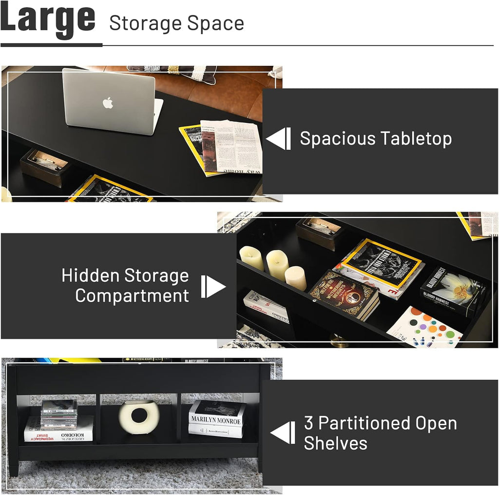 COSTWAY Lift Top Coffee Table, with Hidden Storage Compartment & 3 Open Shelves, Rectangular Cocktail Tea Table with Solid Wood Legs for Living Room Reception Room (Black)