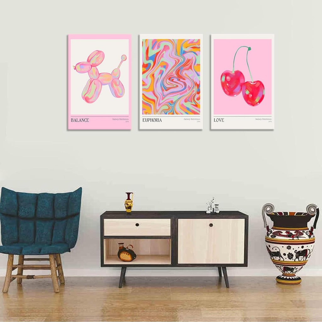 Trendy Set Of 3 Pink Cherry Cute Balloon Dog Posters Preppy Style Room Aesthetic Canvas Wall Art Gradient Aura Fresh Fruit Prints Painting For Home Bedroom Dorm Wall Decor 16X24in Wooden Frame