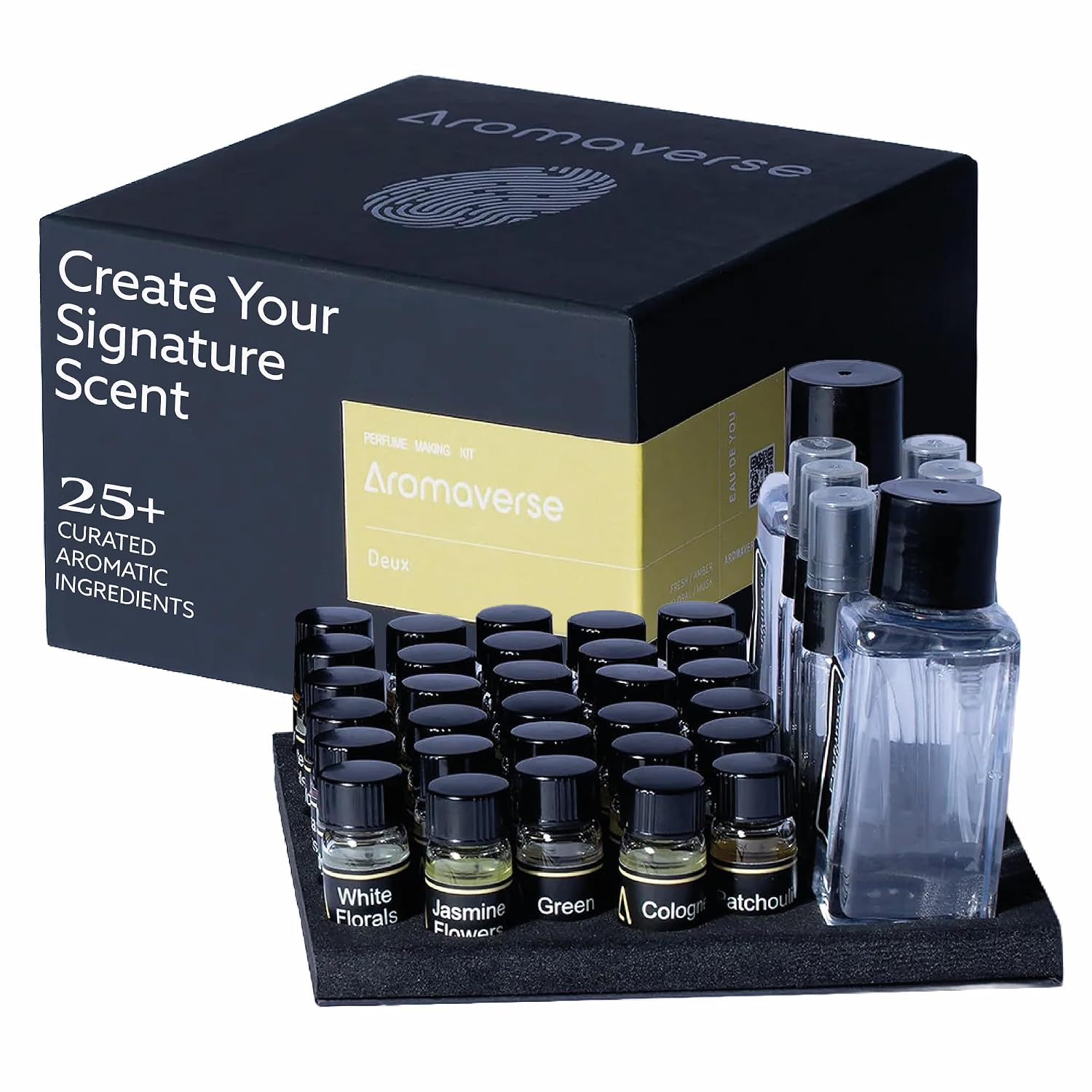 Deux Perfume Making Kit - Make Your Own Perfume Kit for Women & Men with 30 Aromatic Ingredients, Spray Bottles, Droppers & 6 Recipes, Unisex Scents with Fresh, Amber, Floral, Musk Notes