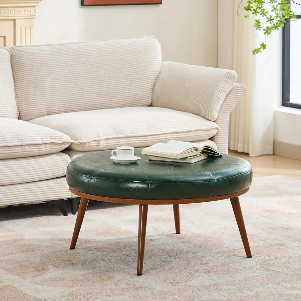 Round Ottoman, Large Faux Leather Footstool and Coffee Table, Cushioned Backless Chair for Living Room & Bedroom, Padded Seat Footrest, (Green)
